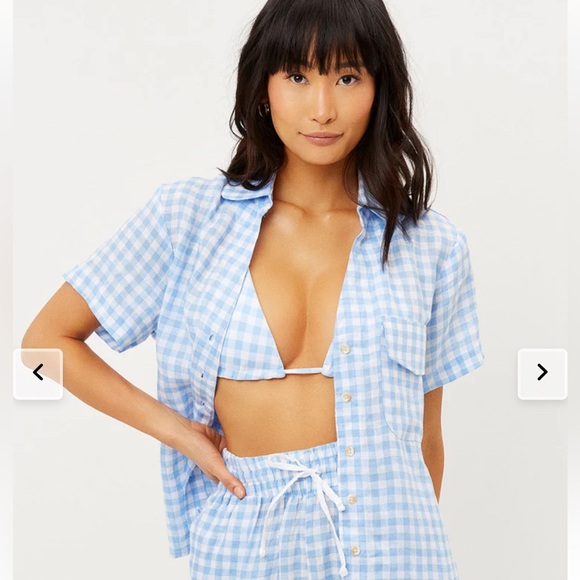 Frankies Bikinis Linen Lou Blue Plaid Button Up Top sz M - Picture 2 of 5